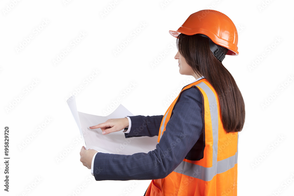 Design engineer with blueprint in hand. Woman in construction vest. Isolated on white background Design engineer with blueprint in hand. Woman in construction vest. Isolated on white background