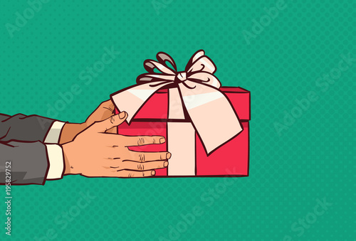 Hands Holding Red Gift Box With Bow Present For With Holiday Event Over Comic Pop Art Background Vector Illustration