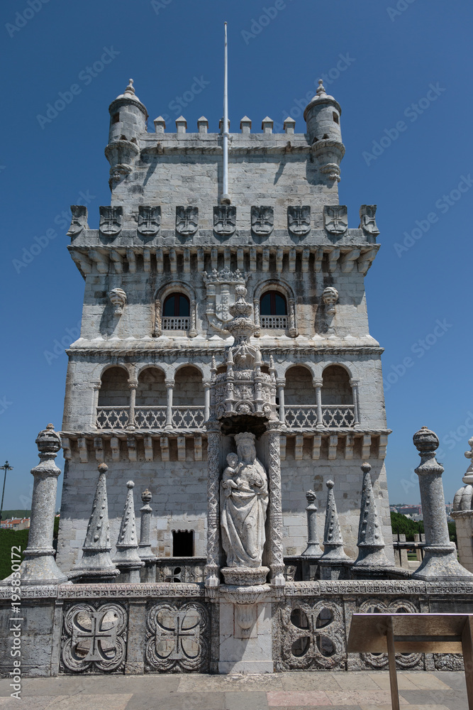 Detail of Belem Tower on the Tagus River in Lisbon, Portugal