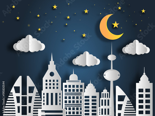 Paper art style of landscape at night in the city with moon and stars, flat-style vector illustration.