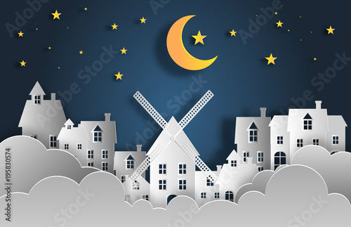 Fototapeta Papierowy sztuka styl krajobraz przy nocą w mieście z księżyc i gwiazdami, mieszkanie wektorowa ilustracja.