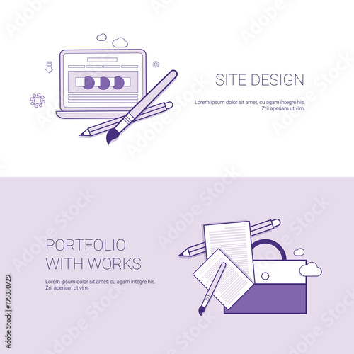 Web Site Design And Portfolio With Works Template Banner With Copy Space Vector Illustration