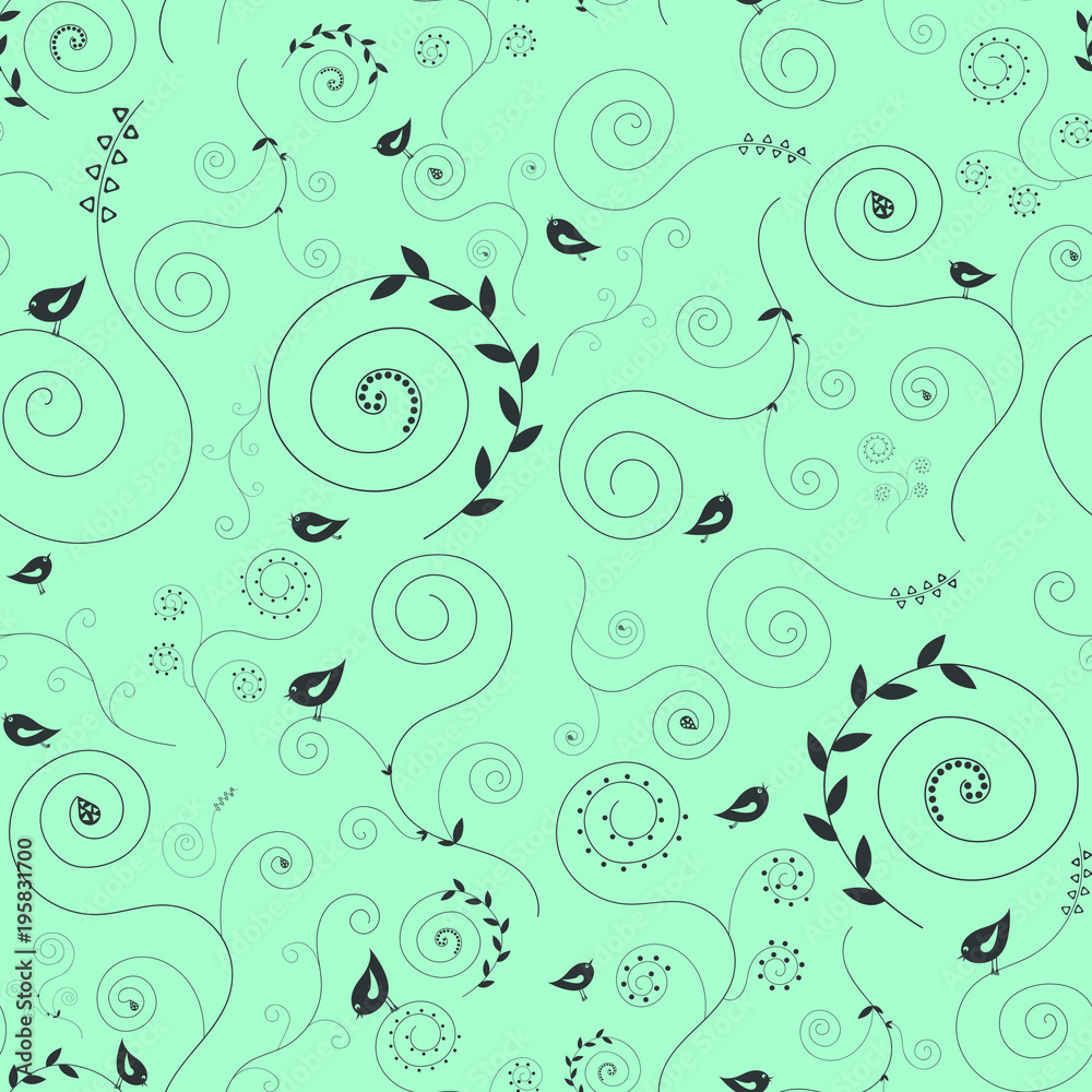 Doodle, swirls and birds pattern. Seamless pattern with black curls, and birds on light blue background. Vector illustration. Doodle, swirls and birds pattern. Seamless pattern with black curls, and birds on light blue background. Vector illustration.