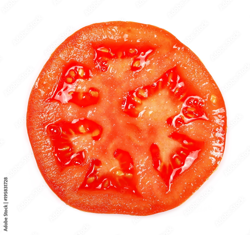 Fresh red tomato slice isolated on white background, top view Fresh red tomato slice isolated on white background, top view