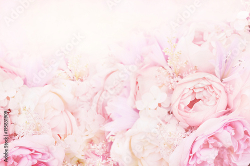 Summer blossoming delicate roses on blooming flowers festive background, pastel and soft bouquet floral card, selective focus, toned