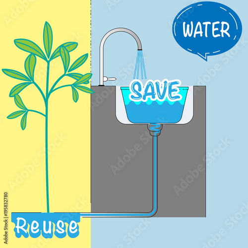 3 steps of water saving at home. Think seriously of usage, saving alternative and reuse system. Vector illustration.