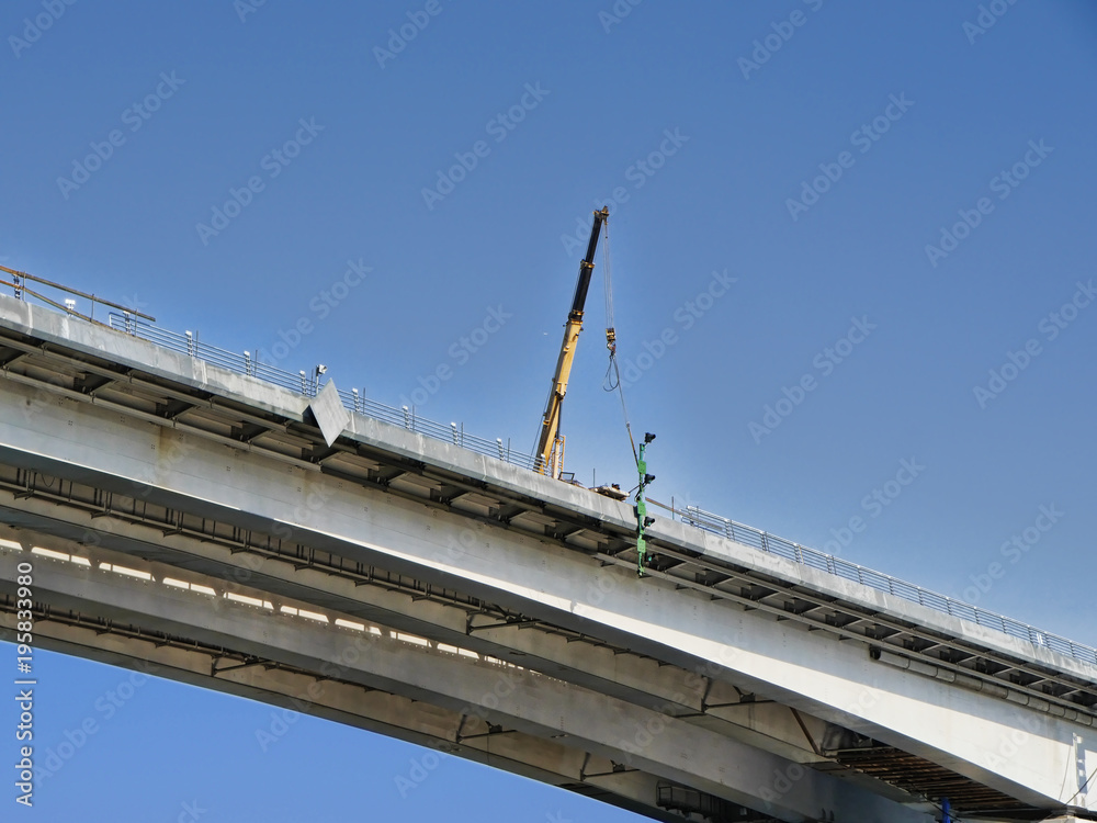 Construction of a bridge over the Don River. Rostov on Don citu, Russia. Summer 2017