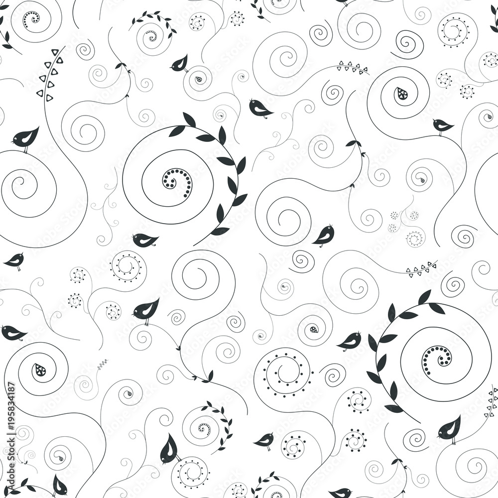 Birds and flowers-seamless pattern. Black pattern on a white background. Curls, scribbles, leaves and birds. Vector illustration.