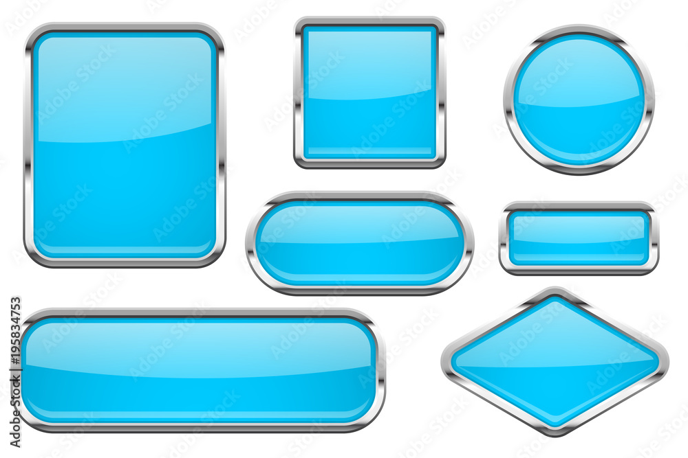 Glass buttons with chrome frame. Set of blue shiny 3d web icons Glass buttons with chrome frame. Set of blue shiny 3d web icons