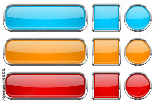 Glass buttons with chrome frame. Set of colored shiny 3d web icons. Red, orange and blue