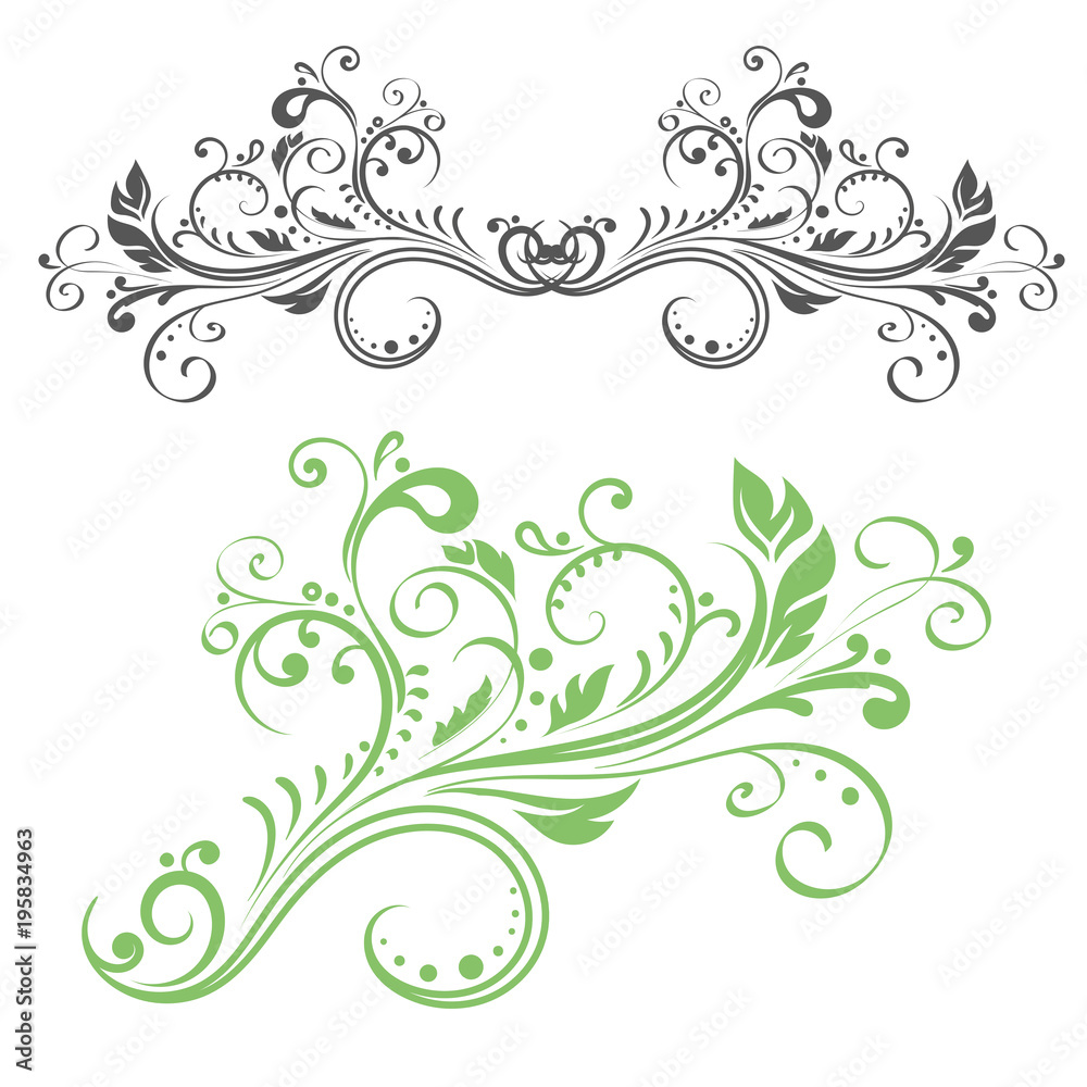 Floral decorative ornament. Green flower branch and black ornamental divider Floral decorative ornament. Green flower branch and black ornamental divider