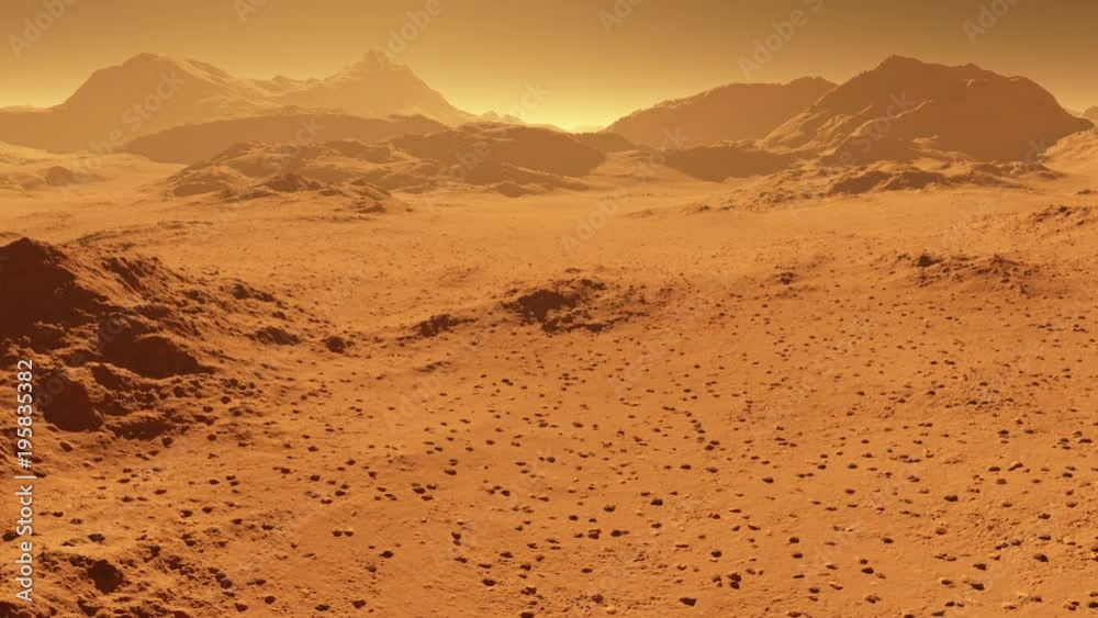 Aerial fly over martian red planet landscape