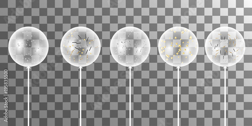 Vector white balloons with confetti  on a transparent background.