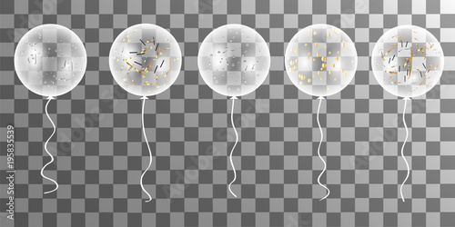 Vector white balloons with confetti  on a transparent background.