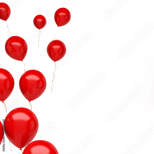 Red balloons on the left side isolated on white background. 3D illustration of celebration, party balloons