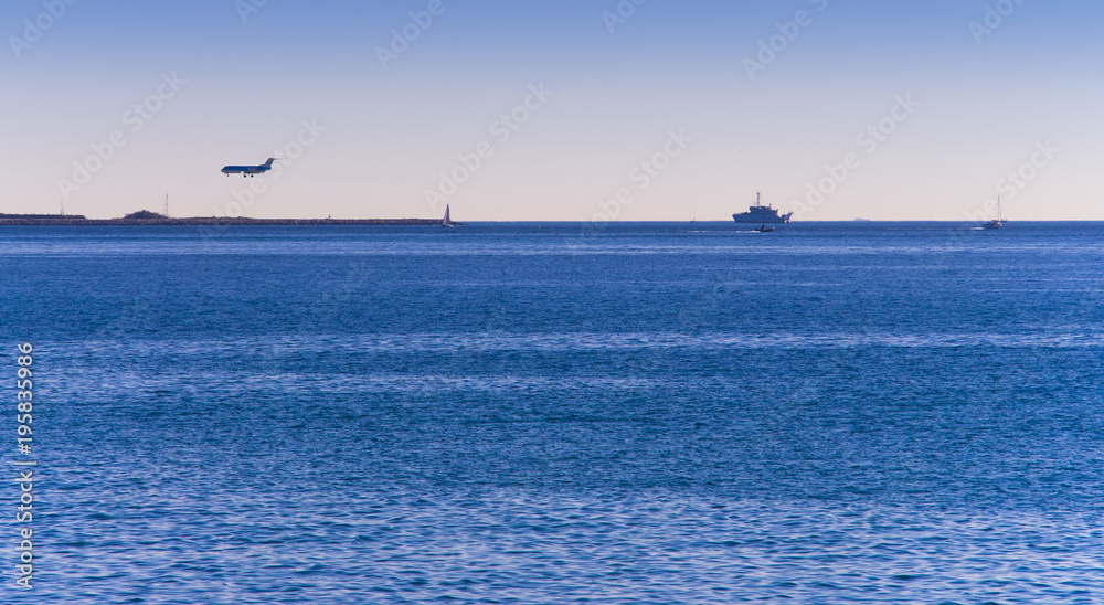 airplane landing near the sea. Marseille, France