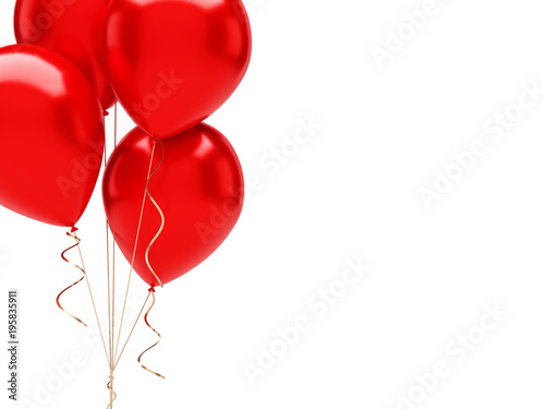 Red balloons on the top left corner with golden ribbons isolated on white background. Close-up 3D illustration of holidays, party, birthday balloons