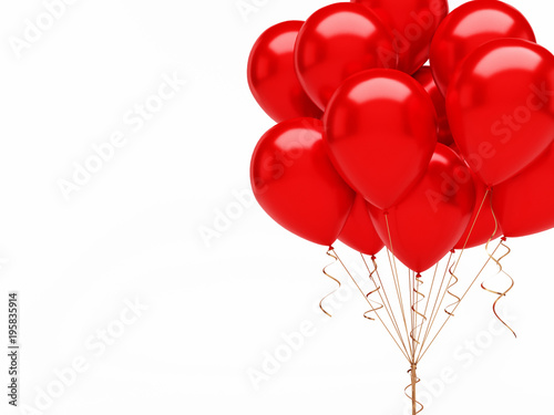 Red balloons on the top right corner with golden ribbons isolated on white background. Close-up 3D illustration of beautiful, candy, glossy balloons