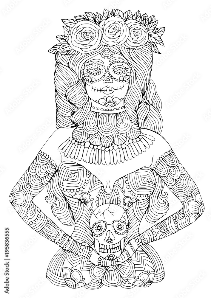 Hand drawn girl with calavera makeup with flowers in her hair holding sugar skull. Mexican holiday Day of the Dead. Halloween. Graphic design for design card, t-shirt Coloring page A4 size. Hand drawn girl with calavera makeup with flowers in her hair holding sugar skull. Mexican holiday Day of the Dead. Halloween. Graphic design for design card, t-shirt Coloring page A4 size.