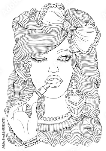 Vector hand drawn stylish young girl with a bow on her head applying make-up, coloring lips with lipstick. Fashionable patterned illustration for coloring pages А4 size. Isolated on white background