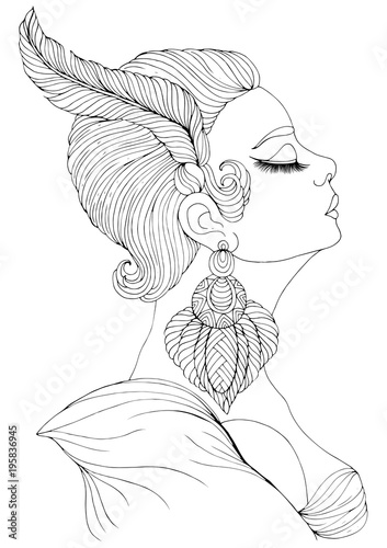 Vector hand drawn portrait in profile of elegant lady in Art Deco. Girl with a feather in a short hairstyle and a big earring. Decorated Coloring Page A4 size.