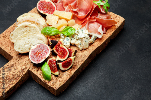 Italian prosciutto crudo or spanish jamon, cheese, figs and bread