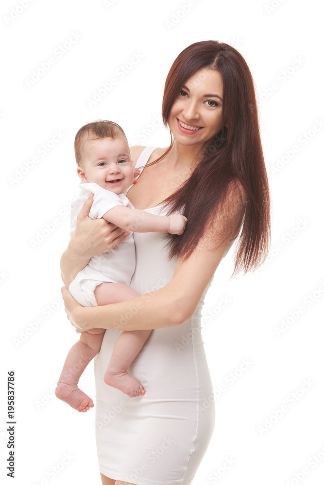 Portrait of mother and her cute baby in white. Happy family concept. Mother holding sweet baby isolated on white background Portrait of mother and her cute baby in white. Happy family concept. Mother holding sweet baby isolated on white background