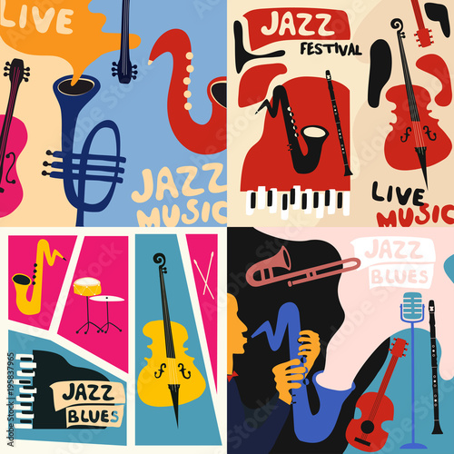 Set of music cards and banners. Music cards with instruments flat vector illustration. Jazz music festival banners. Colorful jazz concert posters