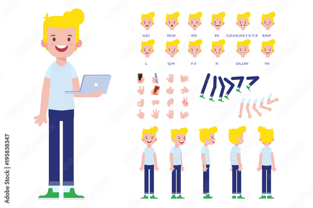 Front, side, back view animated character. Young guy character creation set with various views, lip sync, face emotions and gestures. Cartoon style, flat vector illustration. Front, side, back view animated character. Young guy character creation set with various views, lip sync, face emotions and gestures. Cartoon style, flat vector illustration.
