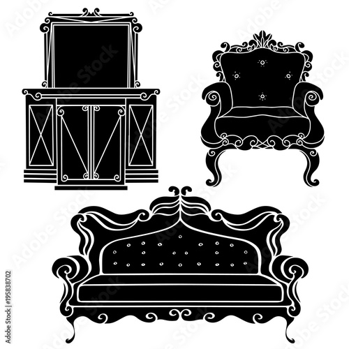 Furniture vintage armchair, sofa, console table, mirror with frame, cabinet with drawers