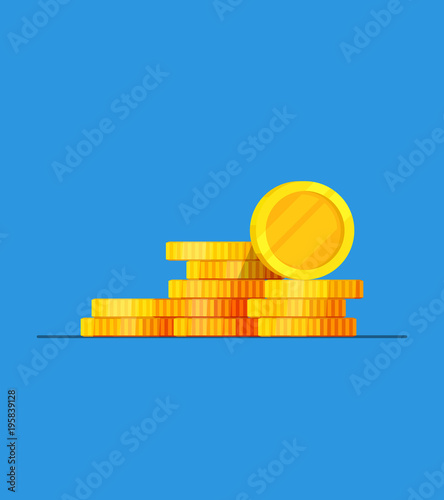 Coins stack vector illustration, flat coin money stacked icon flat, golden penny cash pile, treasure heap isolated on color background