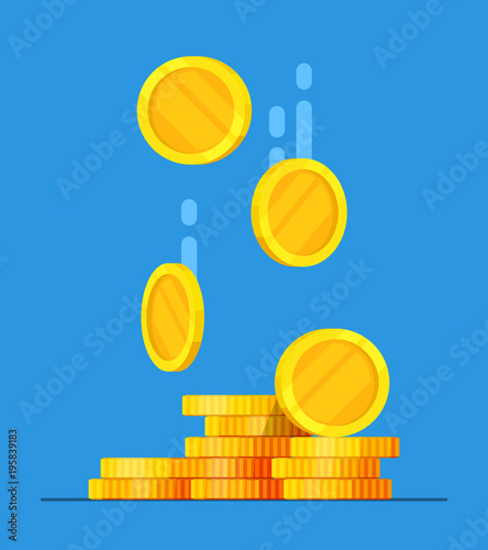 Coins stack vector illustration, flat coin money stacked icon flat, golden penny cash pile, treasure heap isolated on color background
