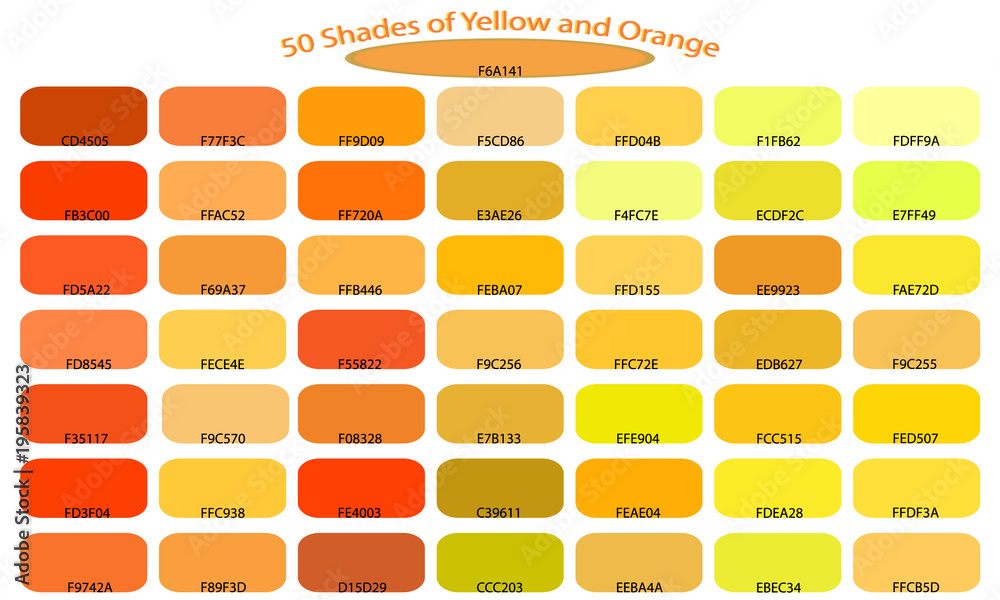 shades of yellow and orange color isolated on white background. Yellow and  orange tones and shades. Color backgrounds with codes. Vector illustration  of palette. Stock Vector | Adobe Stock