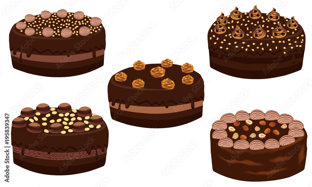 Set of chocolate cake with nuts. Dessert close-up. Chocolate cake whole with nuts and cream isolated on white background. Vector illustration. Set of chocolate cake with nuts. Dessert close-up. Chocolate cake whole with nuts and cream isolated on white background. Vector illustration.
