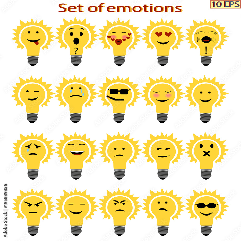 Yellow Icons emoticon. Set of emotion cartoon light bulb. Smiley icons with  different emotions. Icons with different characteristic facial expressions.  Mood. Vector illustration of emoji. Stock Vector | Adobe Stock
