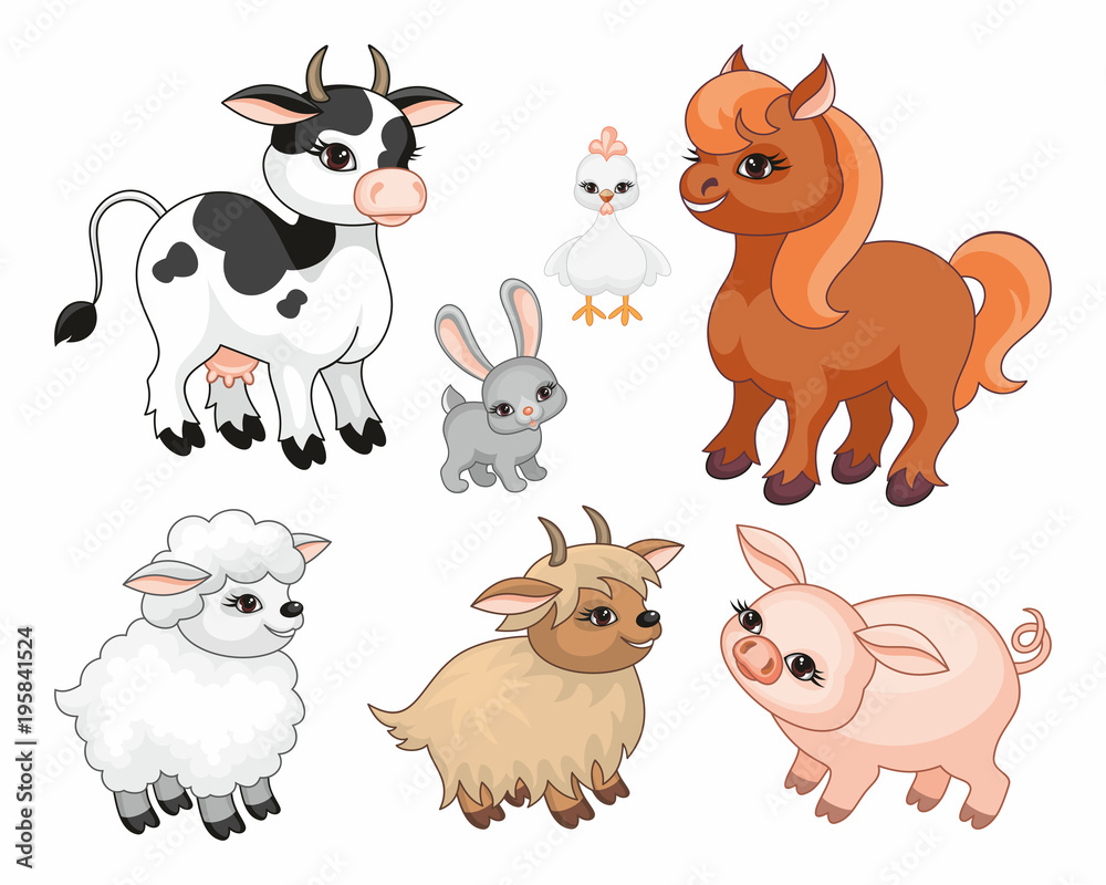 The image of cute farm animals in cartoon style. Children’s illustration. Vector set.