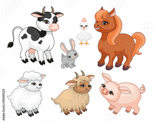 The image of cute farm animals in cartoon style. Children   s illustration. Vector set.