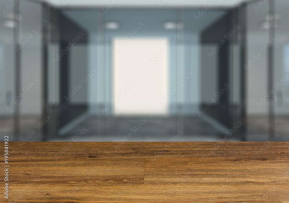 Background with empty wooden table. Flooring. Modern Blank  office Cabinet. Meeting room.