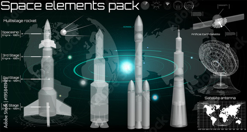 Space background HUD, space rocket of spacecraft Ui, rocket vehicles, space boxes, aircraft, radar, satellite antenna, space satellite. Sky-fi HUD. panels Futuristic User Interface. Spaces