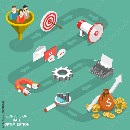 Conversion rate optimization flat isometric vector. Represents infographics of CRO process.