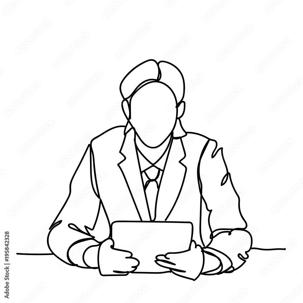 Doodle Business Man Sitting At Desk Read Document Or Use Digital Tablet Hand Drawn Businessman Vector Illustration