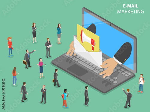 E-mail marketing flat isometric vector concept. Hands from the laptop shows a letter with promotion sign in it to the audience. Digital advertising campaign.