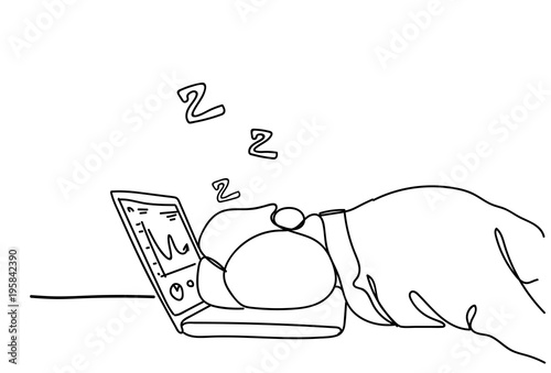Doodle Tired Business Man Sleeping On Workplace On Laptop Computer Vector Illustration