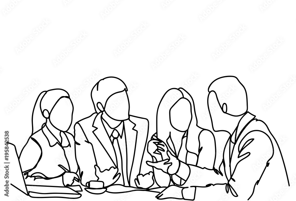 Business People Team Sit At Desk Together Communication Discussion Or Brainstorming Meeting Doodle Vector Illustration