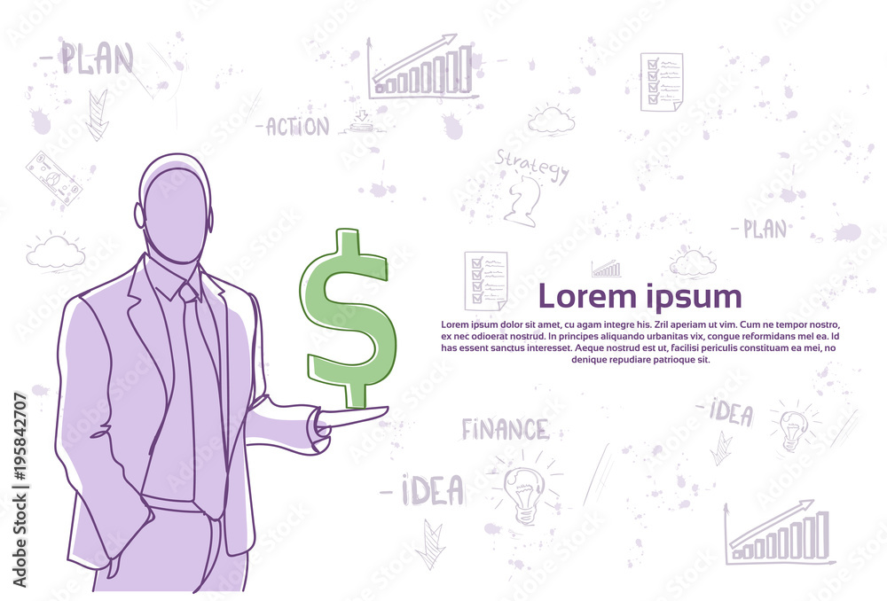 Doodle Business Man Holding Dollar Sign Over Abstract Hand Drawn Background Finance Growth Concept Vector Illustration Doodle Business Man Holding Dollar Sign Over Abstract Hand Drawn Background Finance Growth Concept Vector Illustration