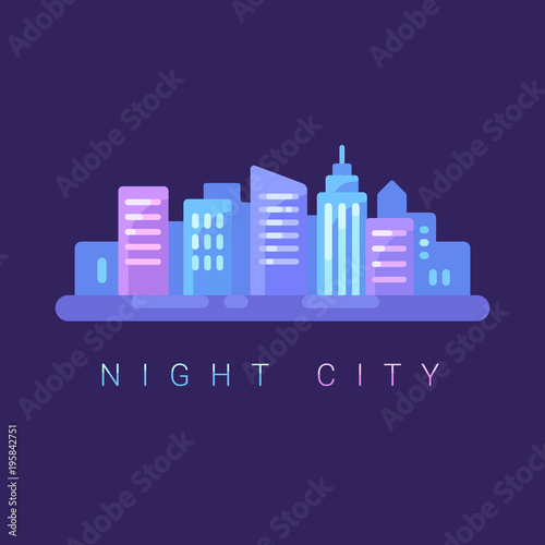 Night cityscape flat illustration background. Neon city banner with text