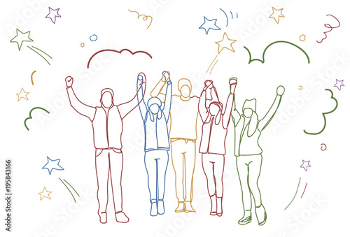 Successful Group Of People Holding Raised Hands Happy Business Team Colorful Doodle Silhouettes Vector Illustration