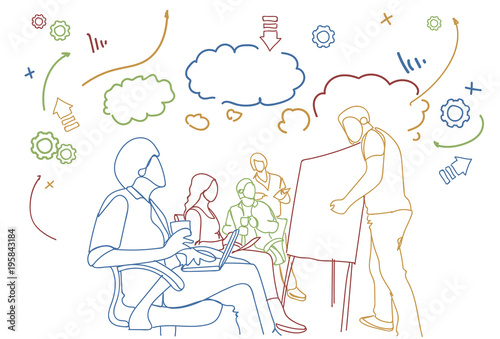 Business Training Seminar With Doodle Group Of Businesspeople Sit Together Conference Meeting Vector Illustration