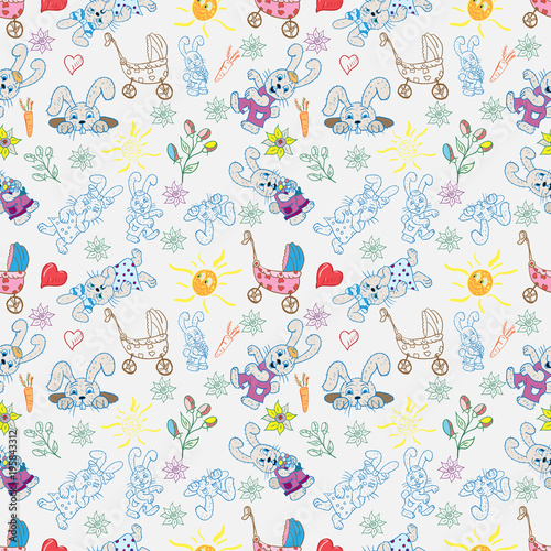 seamless pattern childrens illustration of set of element for design  bunnies flowers hearts sun gray background