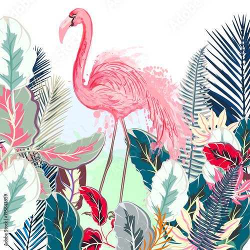 Tropical vector illustration with pink flamingo and tropical leafs